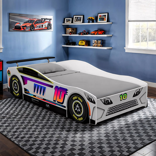 Karsten White Race Car Twin Bed – Sleek High-Gloss Kids Novelty Bed - White