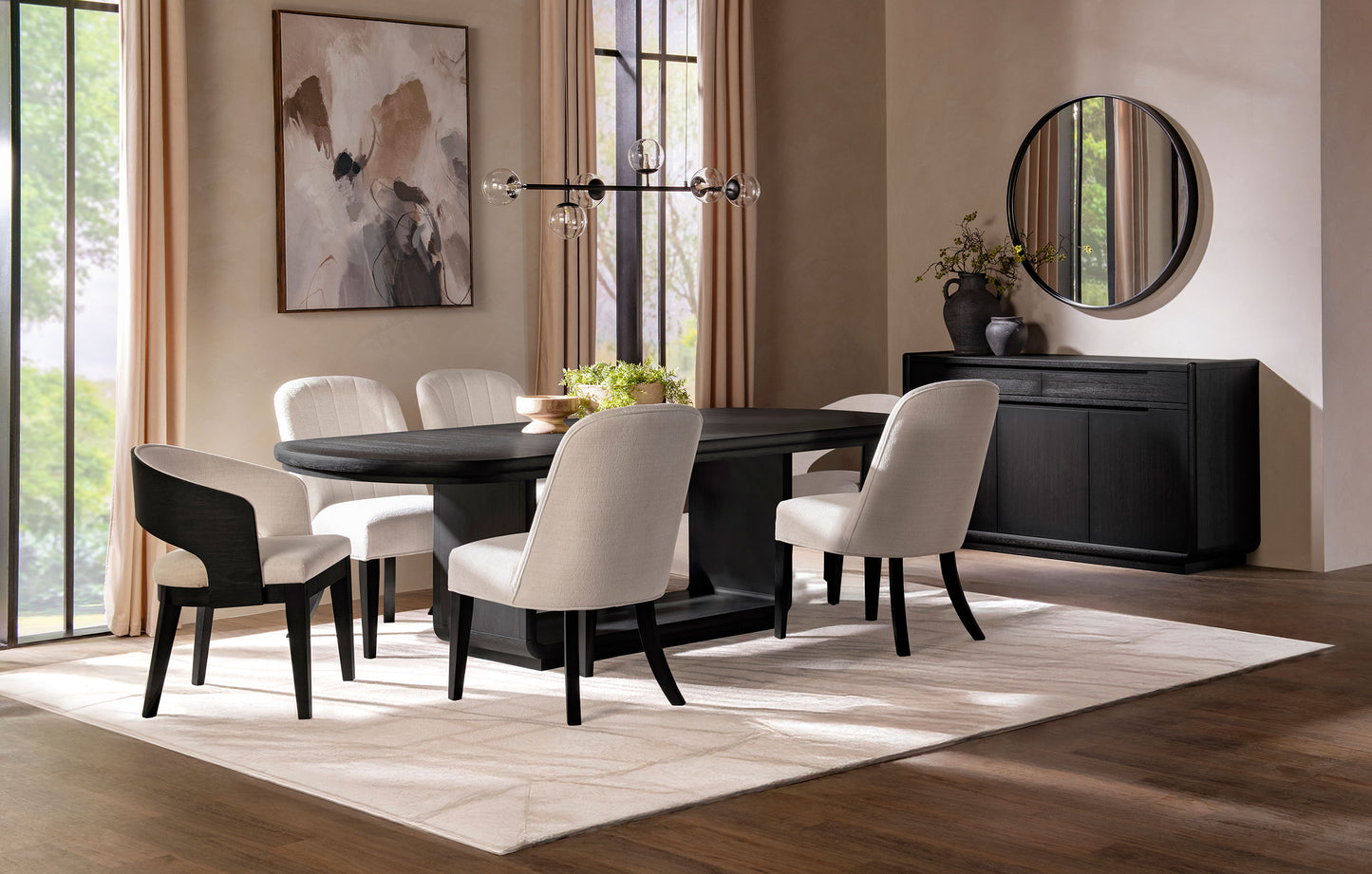 Leandro Contemporary 7-Piece Extension Dining Set – Burnished Black & Cream