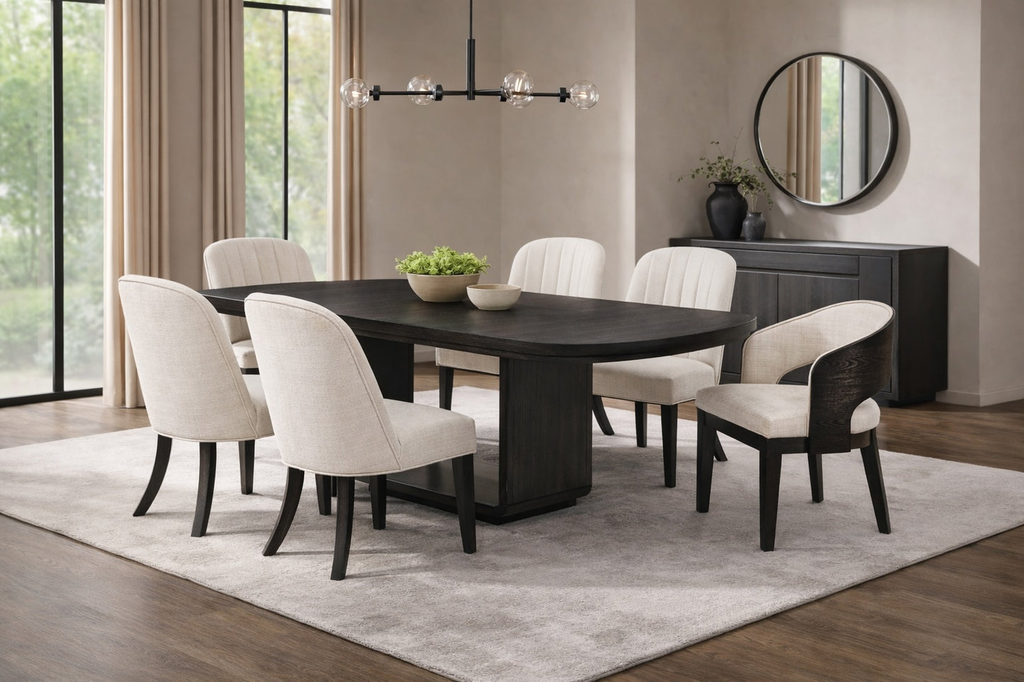 Leandro Contemporary 7-Piece Extension Dining Set – Burnished Black & Cream