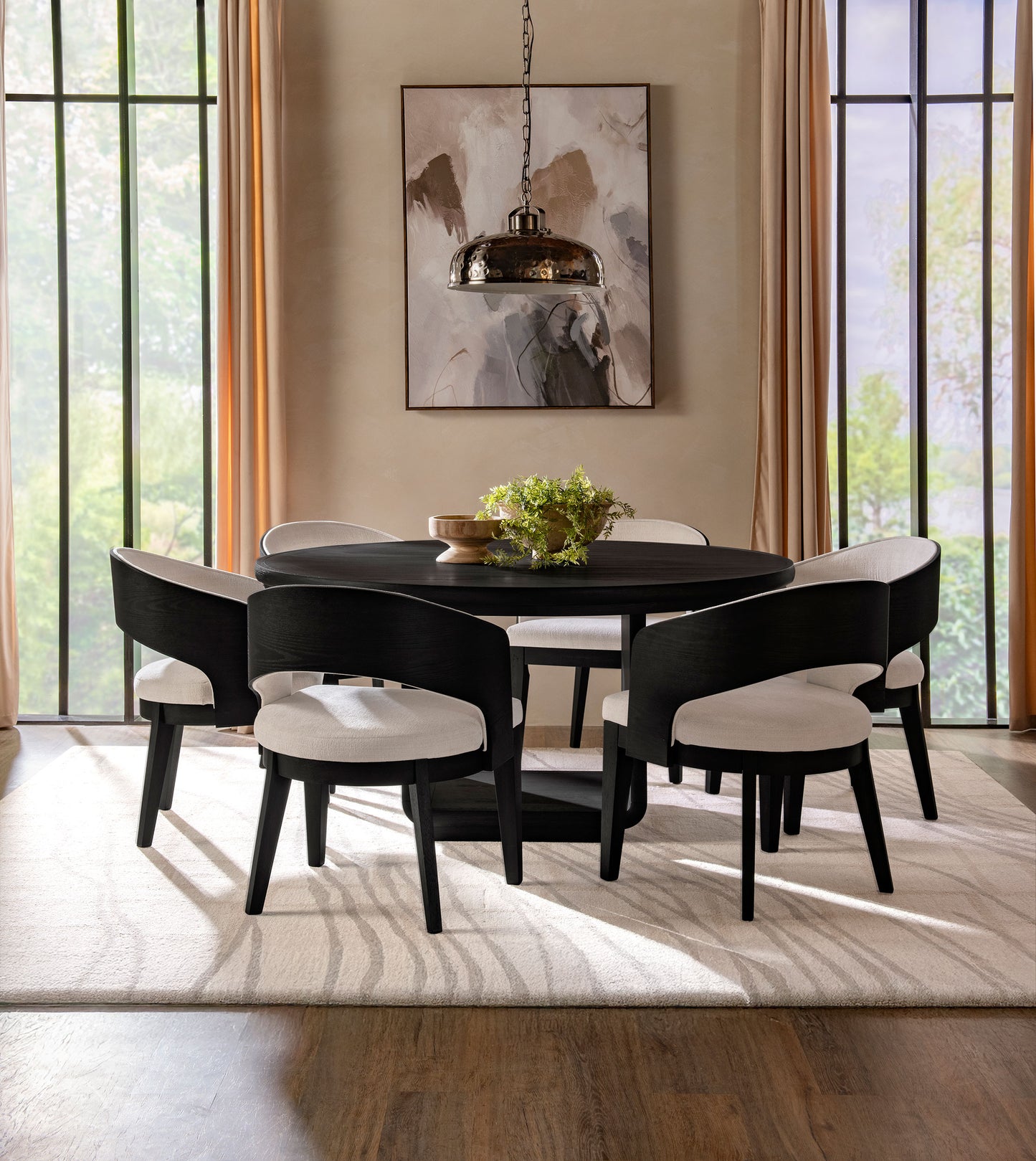 Leandro Contemporary 60" Round 7-Piece Round Dining Set – Burnished Black & Cream