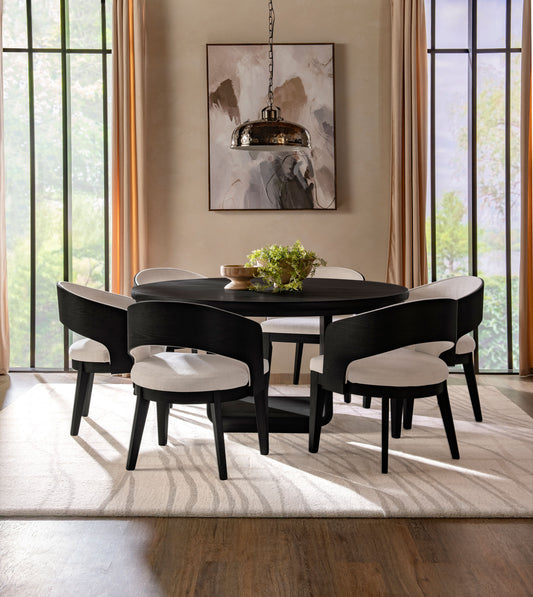Leandro Contemporary 60" Round 7-Piece Round Dining Set – Burnished Black & Cream