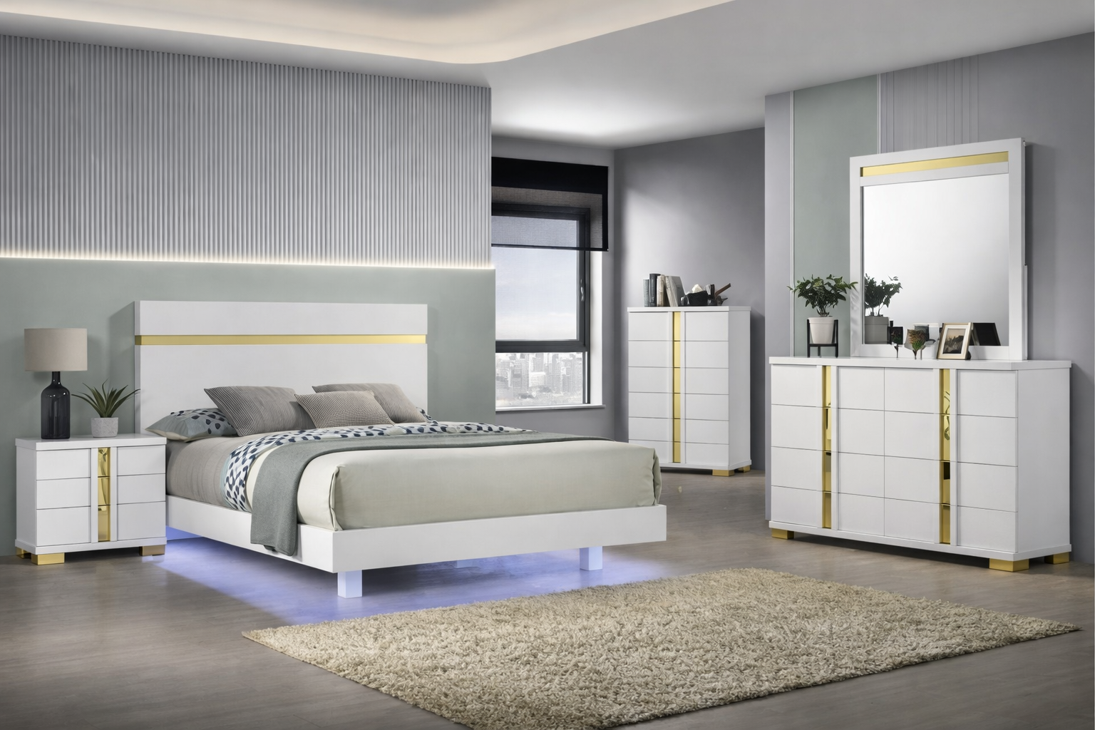 Lillestrom Contemporary King Platform Bed with LED Lighting – White & Gold - Finally Home Furnishings LLC