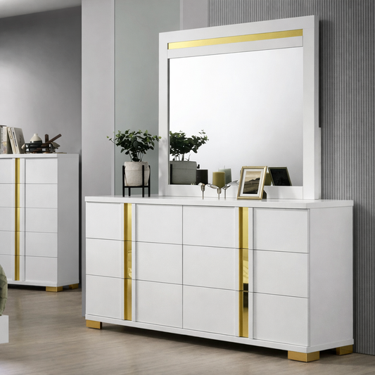 Lillestrom Contemporary 6-Drawer Dresser with Gold Accents – White - Finally Home Furnishings LLC