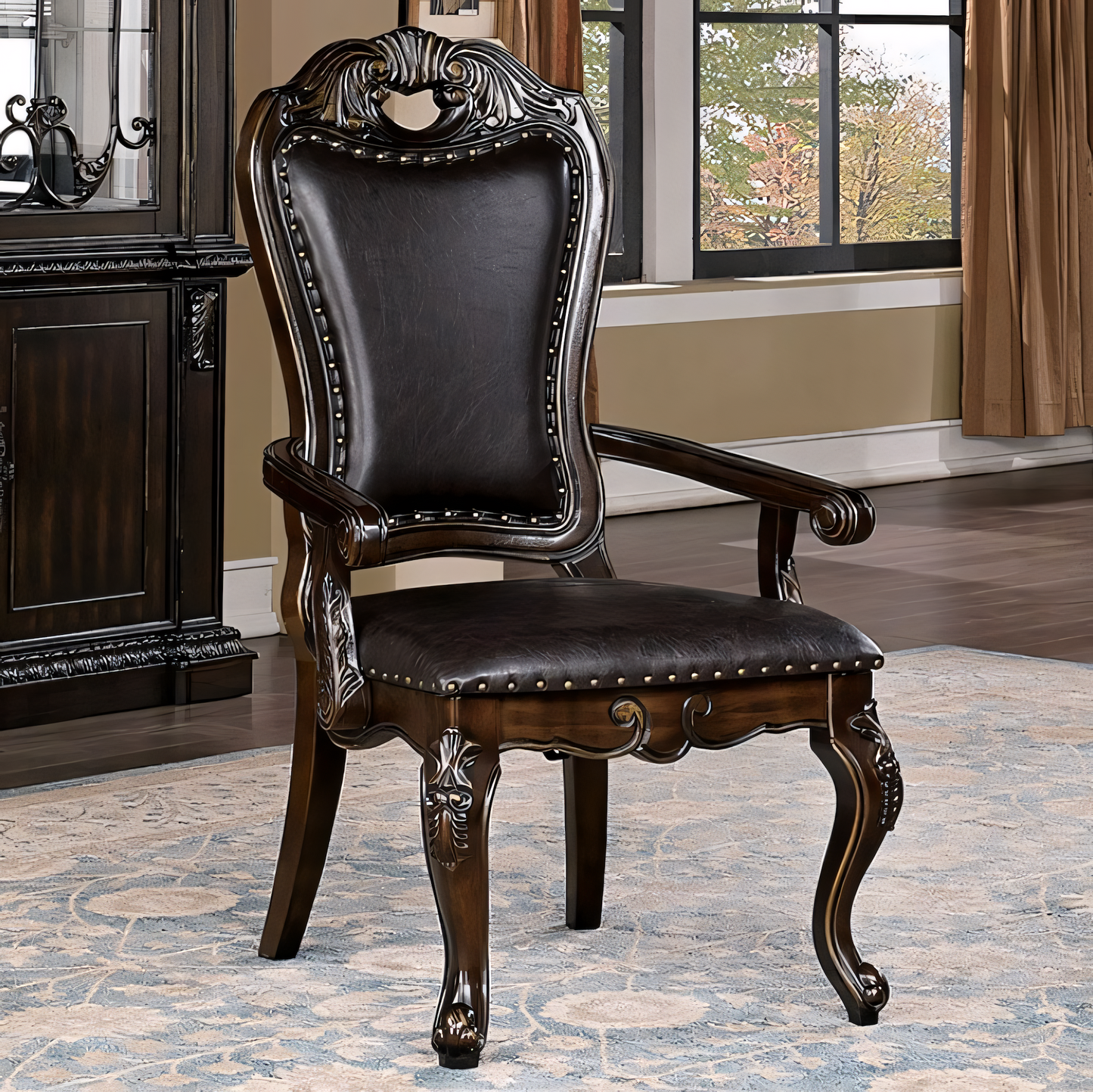 Lombardy 9-Piece Traditional Walnut Dining Set with Leatherette Chairs