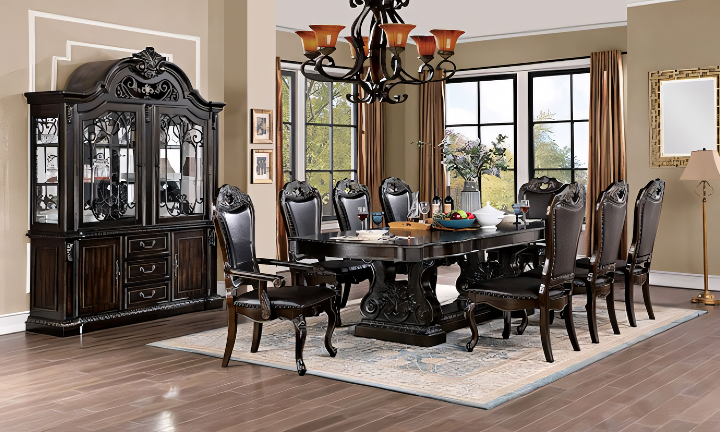Lombardy 9-Piece Traditional Walnut Dining Set with Leatherette Chairs