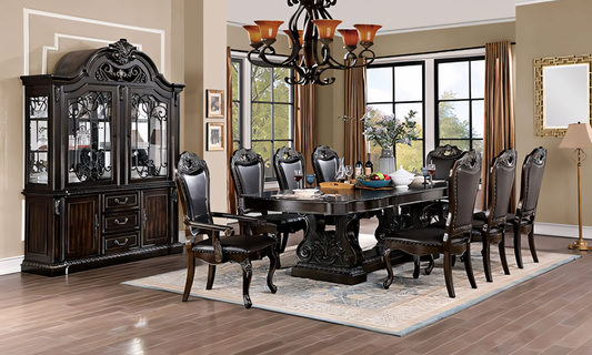 Lombardy 9-Piece Traditional Walnut Dining Set with Leatherette Chairs