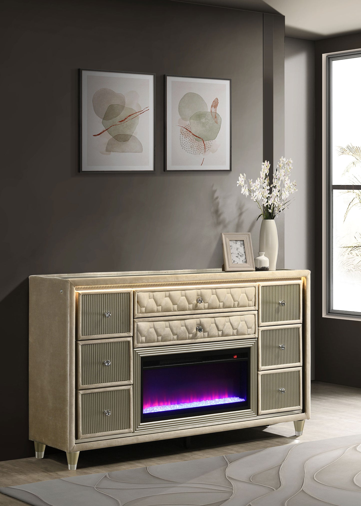 Lorient 8-Drawer LED Flame Box Dresser – Ivory & Camel