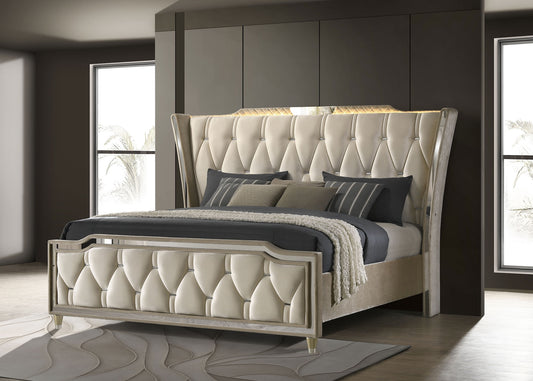 Lorient King Upholstered LED Wingback Bed – Ivory & Camel