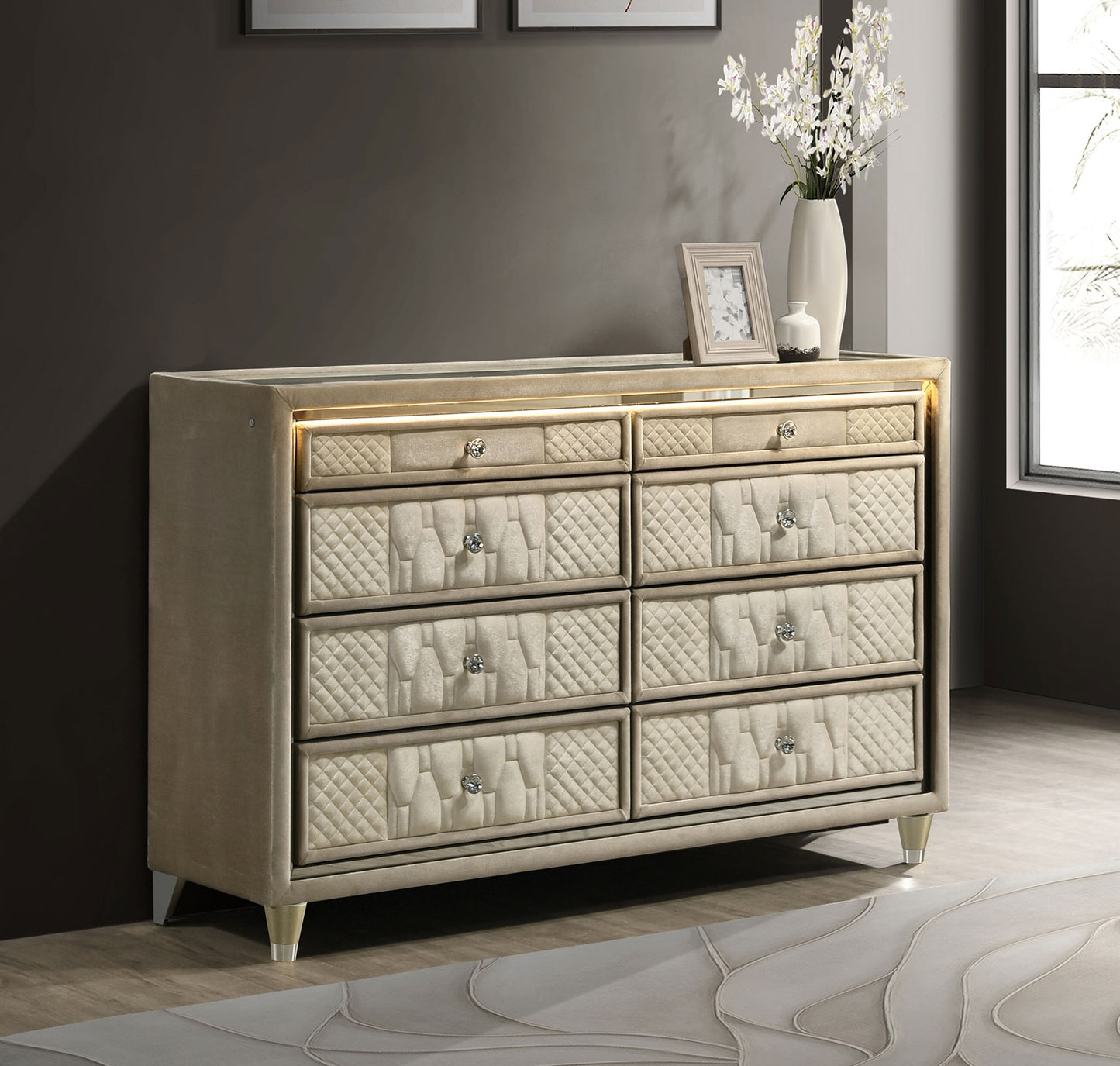 Lorient 8-Drawer LED Dresser – Ivory & Camel