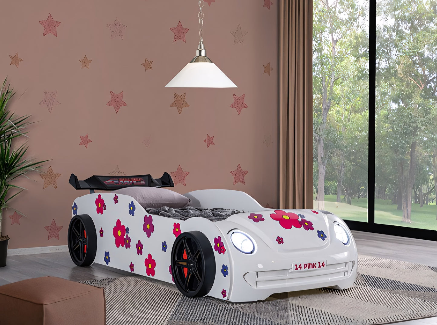 Journey White Floral Kids Race Car Twin Bed with LED Lights