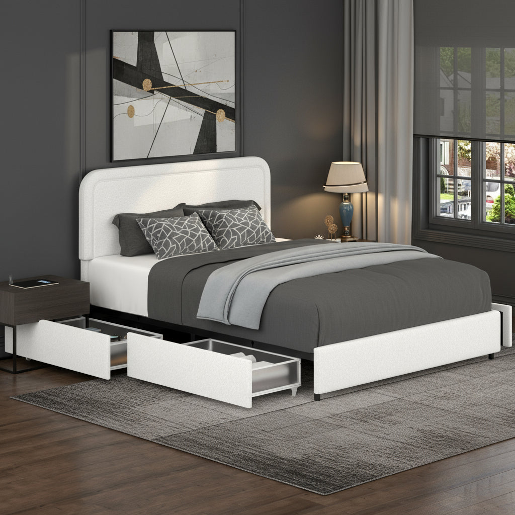 White bed with storage drawers in a bedroom setting