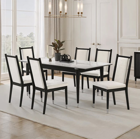 Maidstone 7-Piece Dining Set – Black & White with Chenille Chairs