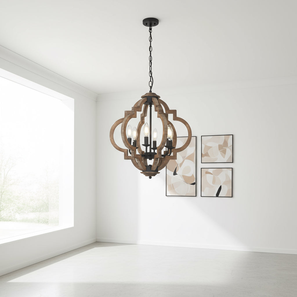 Wooden chandelier with four light bulbs in a room with white walls and windows.