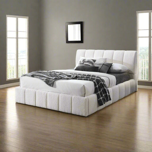 Marilla White Bouclé Upholstered King Platform Bed