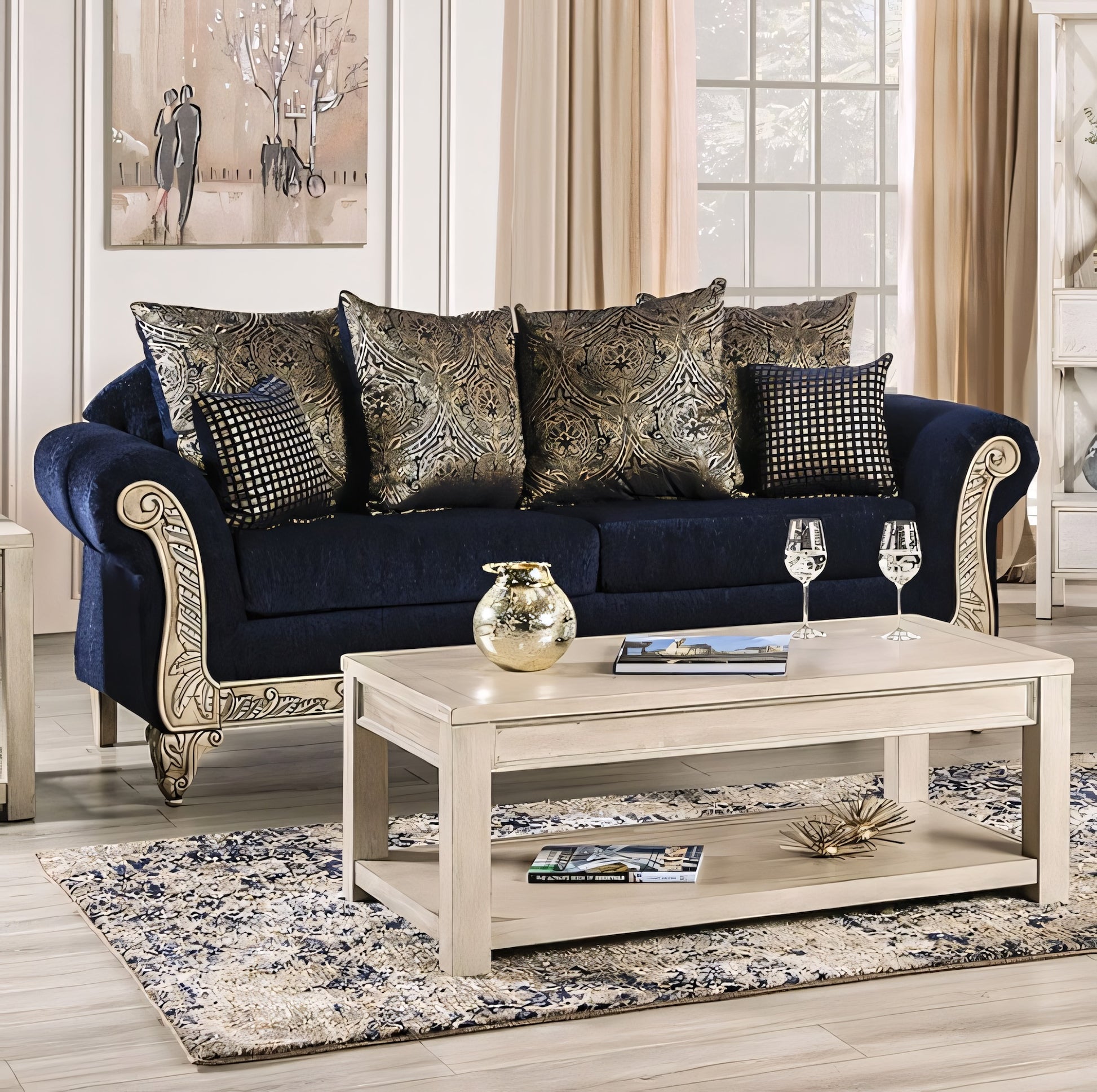 Navy blue sofa with decorative pillows in a living room setting.