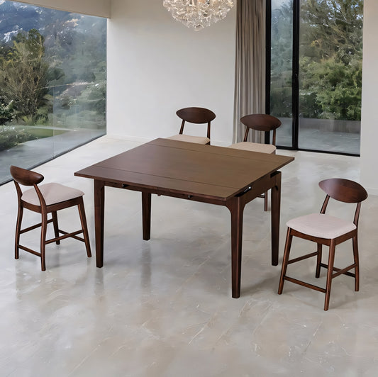 Mersin 5-Piece Counter Height Dining Set – Rich Walnut with Beige Upholstered Chairs