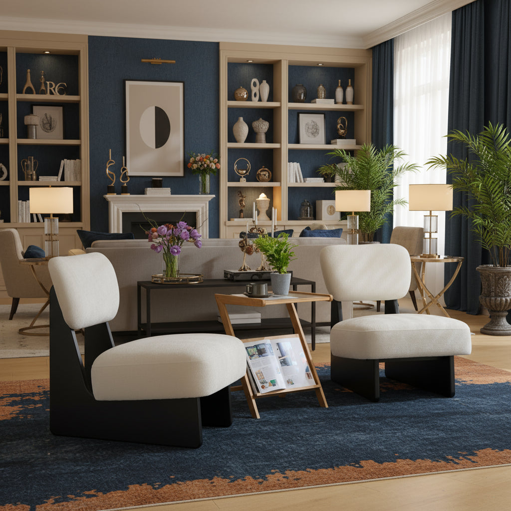Modern living room with two white chairs and a wooden cabinet.