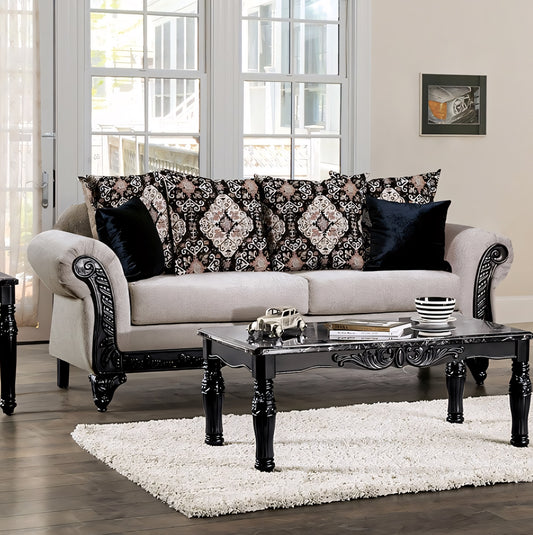 Molfetta Traditional Sofa in Light Brown Chenille with Black Carved Wood Trim