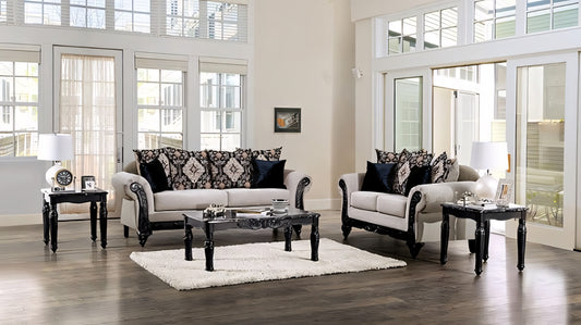 Molfetta Traditional Sofa & Loveseat Set in Light Brown Chenille with Black Carved Wood Trim