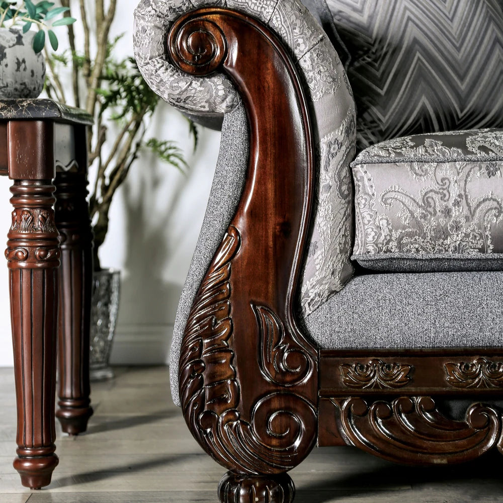 Newdale Traditional Sofa in Gray Chenille with Carved Wood Trim