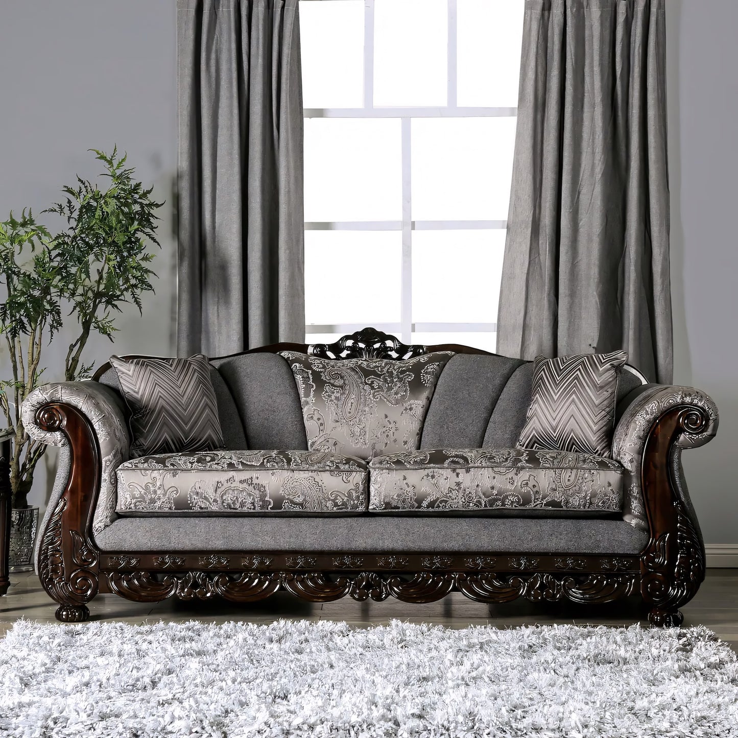 Newdale Traditional Sofa in Gray Chenille with Carved Wood Trim