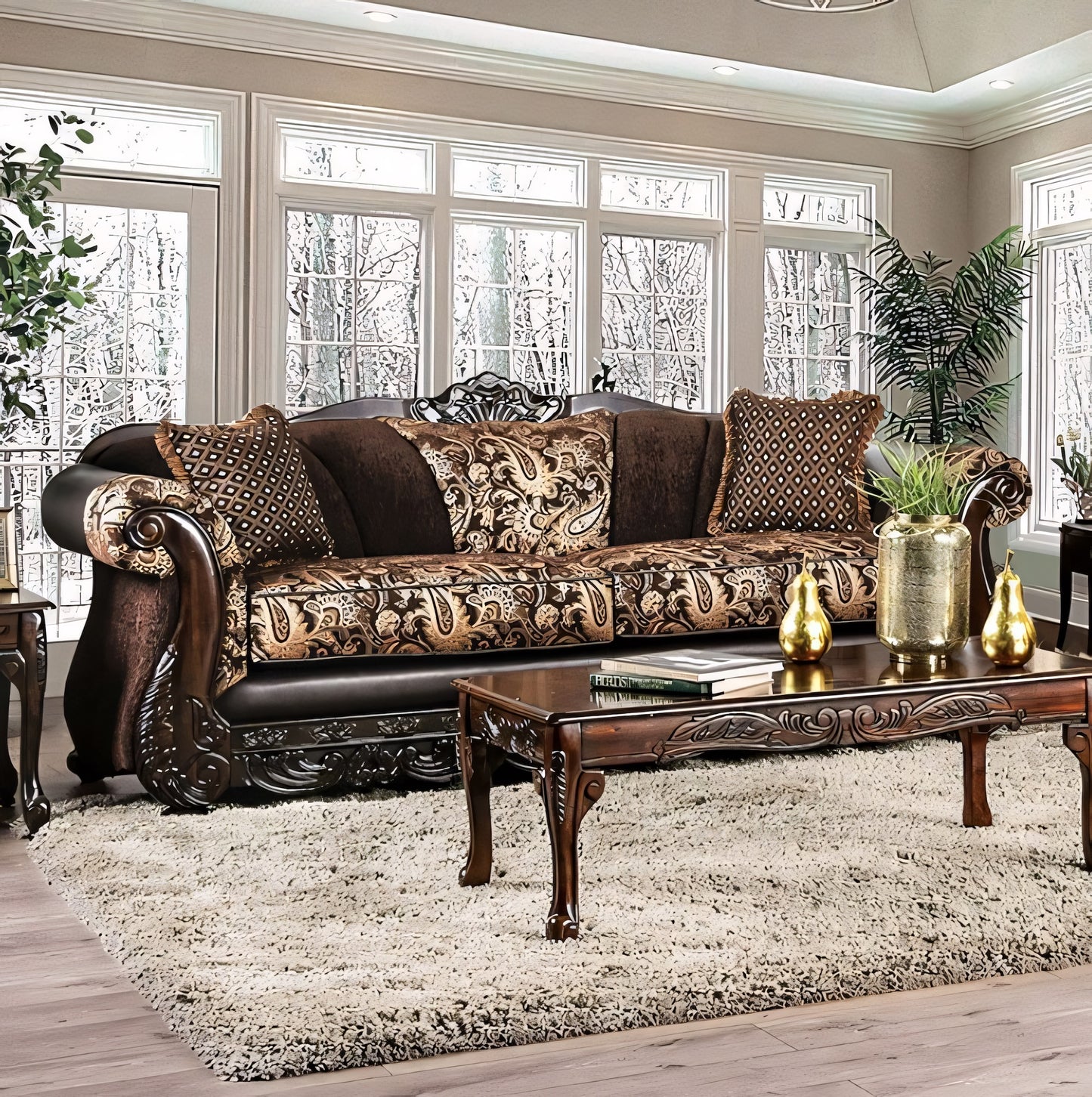 Newdale Traditional Sofa in Brown & Gold Chenille with Carved Wood Trim