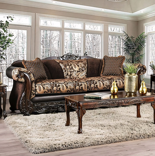 Newdale Traditional Sofa & Loveseat Set in Brown & Gold Chenille with Carved Wood Trim