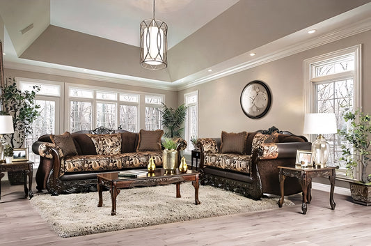 Newdale Traditional Sofa & Loveseat Set in Brown & Gold Chenille with Carved Wood Trim