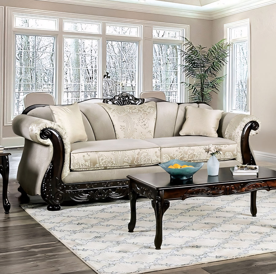 Newdale Traditional Sofa in Ivory & Brown Chenille with Carved Wood Trim