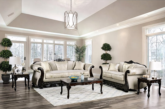 Newdale Traditional Sofa & Loveseat Set in Ivory & Brown Chenille with Carved Wood Trim