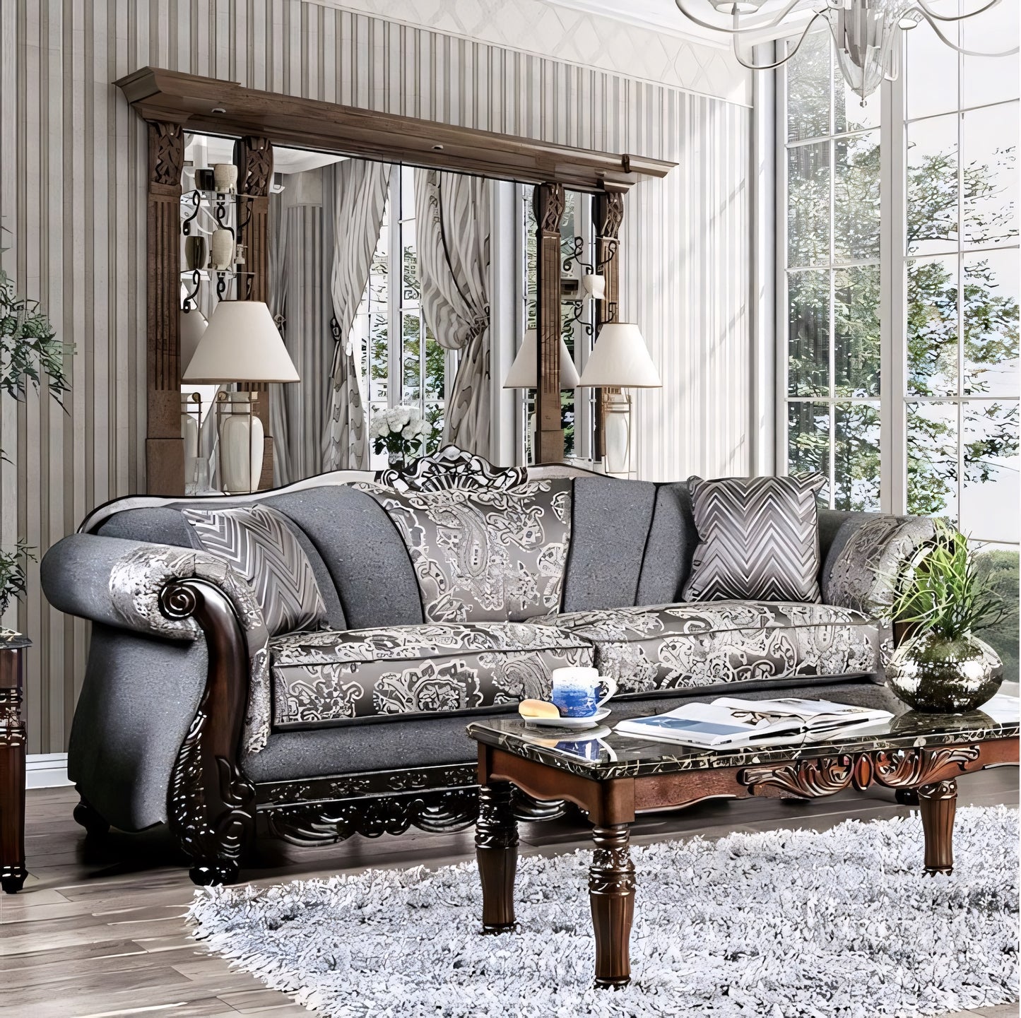 Newdale Traditional Sofa in Gray Chenille with Carved Wood Trim