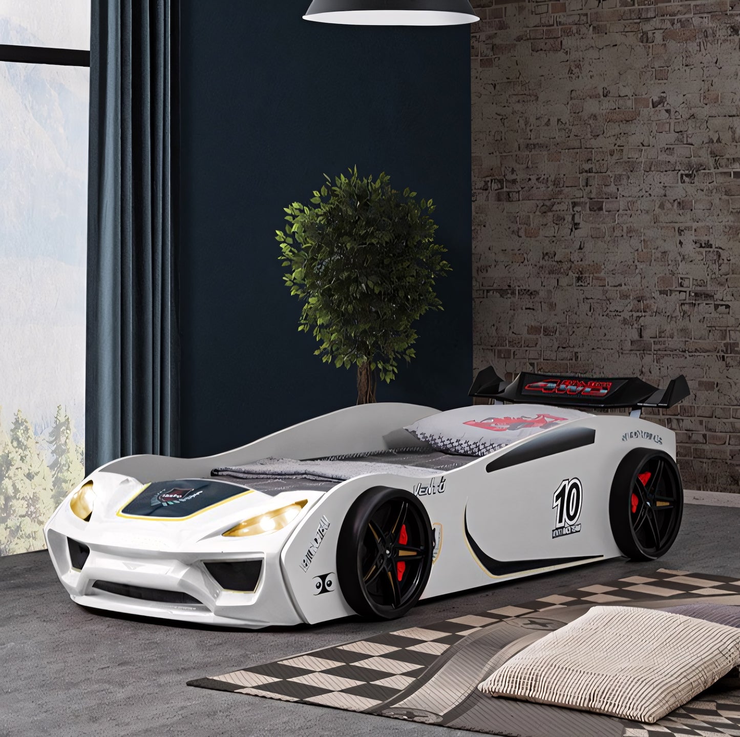 Pacefinder White LED Race Car Twin Bed – Low Profile Kids Novelty Bed