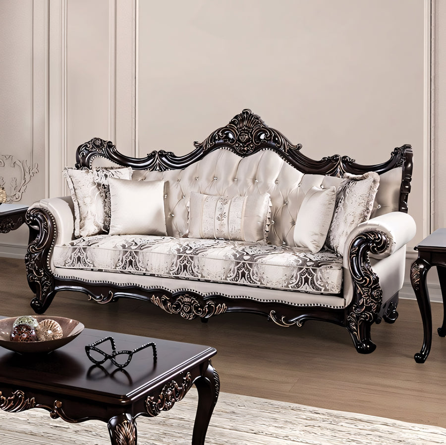 Palencia Traditional Faux Leather Sofa - Beige & Dark Cherry