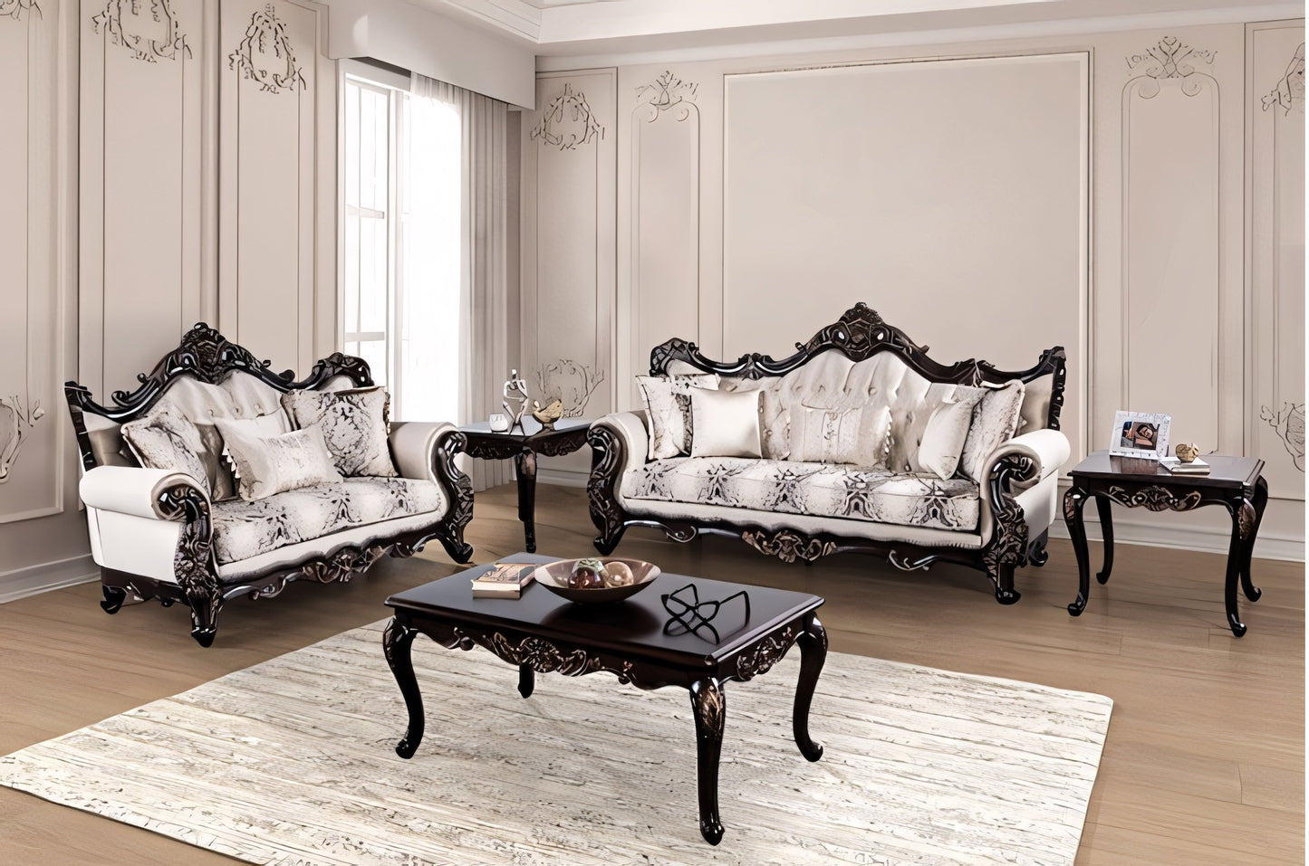 Palencia Traditional Sofa & Loveseat Set - Dark Cherry & Beige