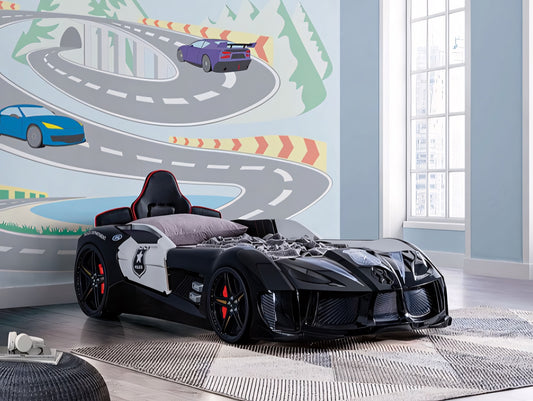 Patrolene Police Theme Twin Race Car Bed with LED Lights & Sound – Black/White