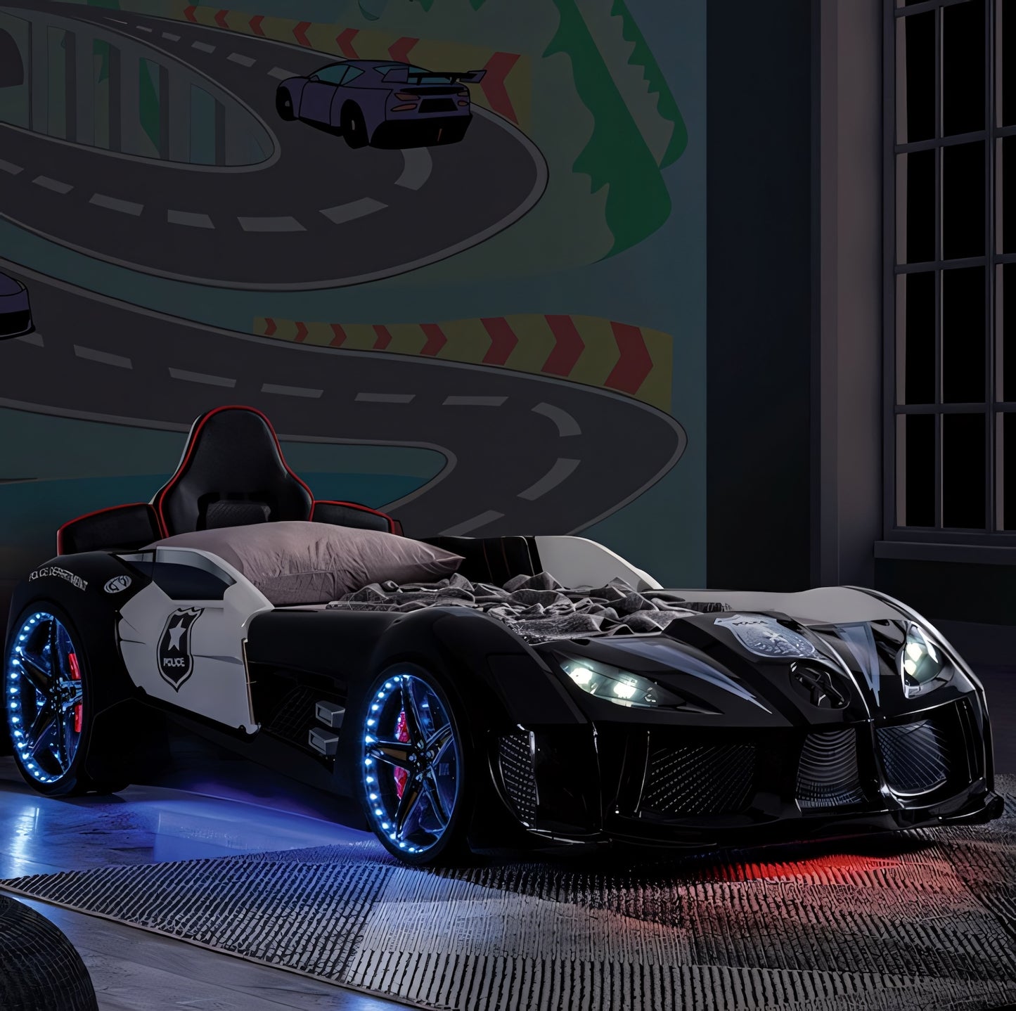 Patrolene Police Theme Twin Race Car Bed with LED Lights & Sound – Black/White