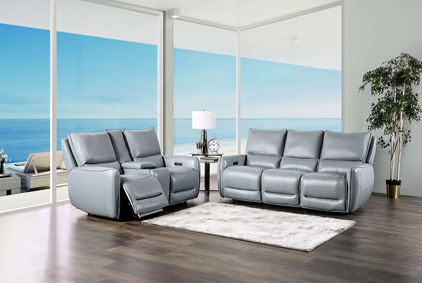 Phineas Transitional Power Reclining Sofa – Pale Blue Leather
