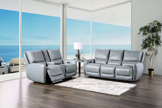 Phineas Transitional Power Reclining Sofa – Pale Blue Leather