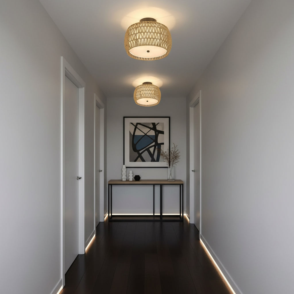 rattan ceiling lamps in a hallway