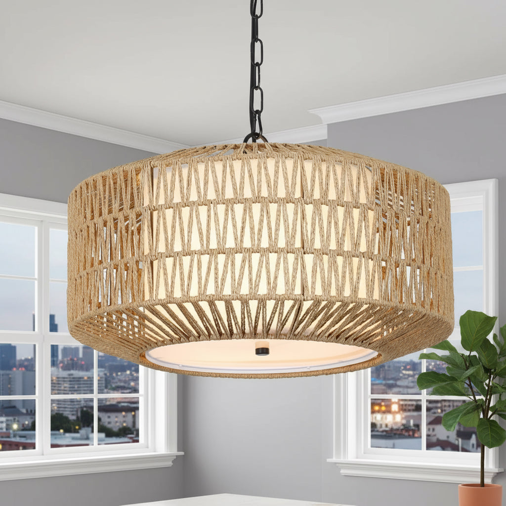 Woven pendant light fixture in a room with windows and decor.