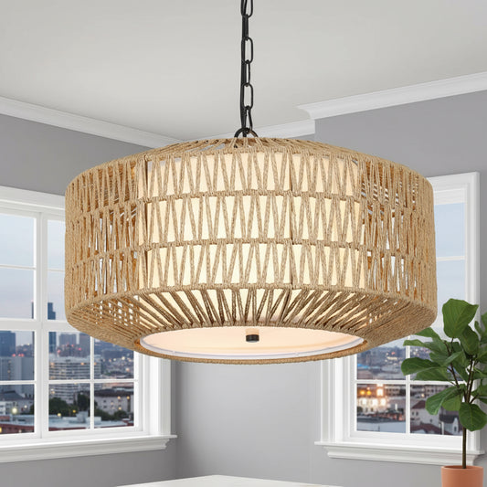 Woven pendant light fixture in a room with windows and decor.