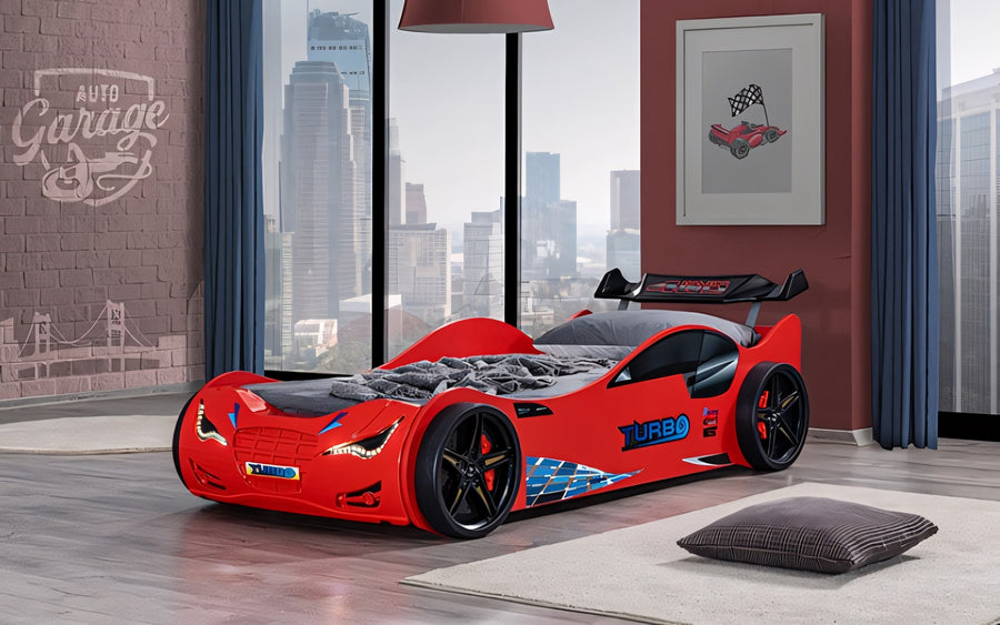 Roadstar Red LED Race Car Twin Bed with Mattress – High Gloss Kids Novelty Bed - Finally Home Furnishings LLC