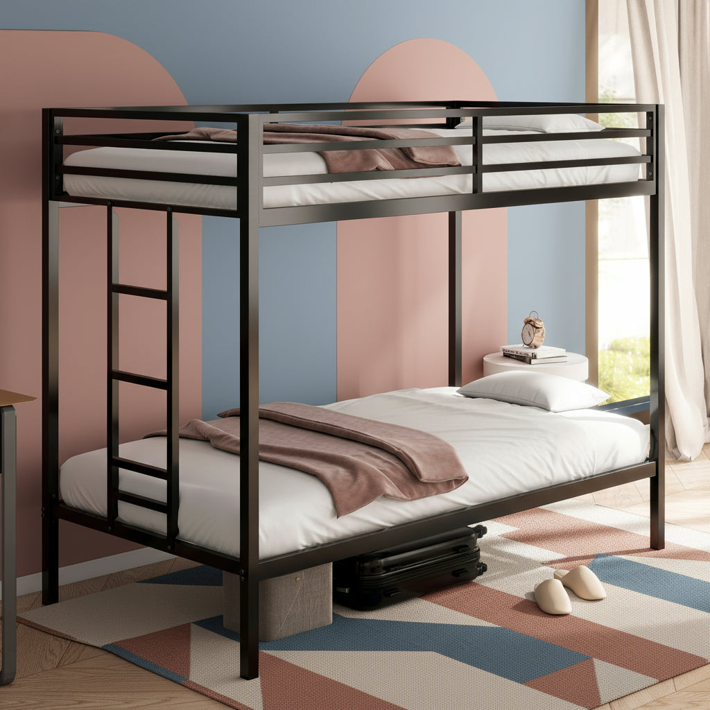 Black metal bunk bed in a room with a green wall and window.