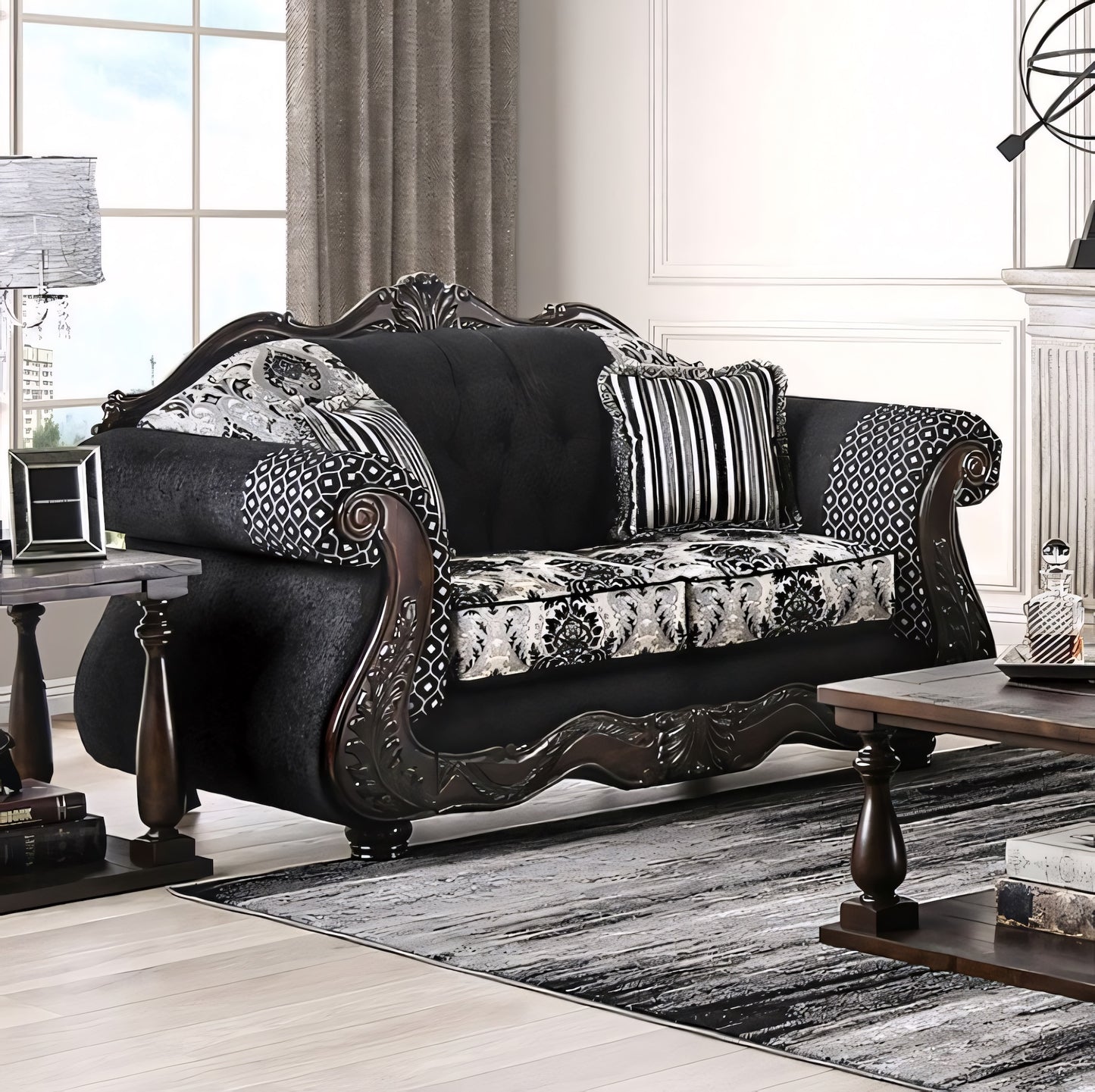 Ronja Traditional Sofa in Black Chenille & Damask Fabric