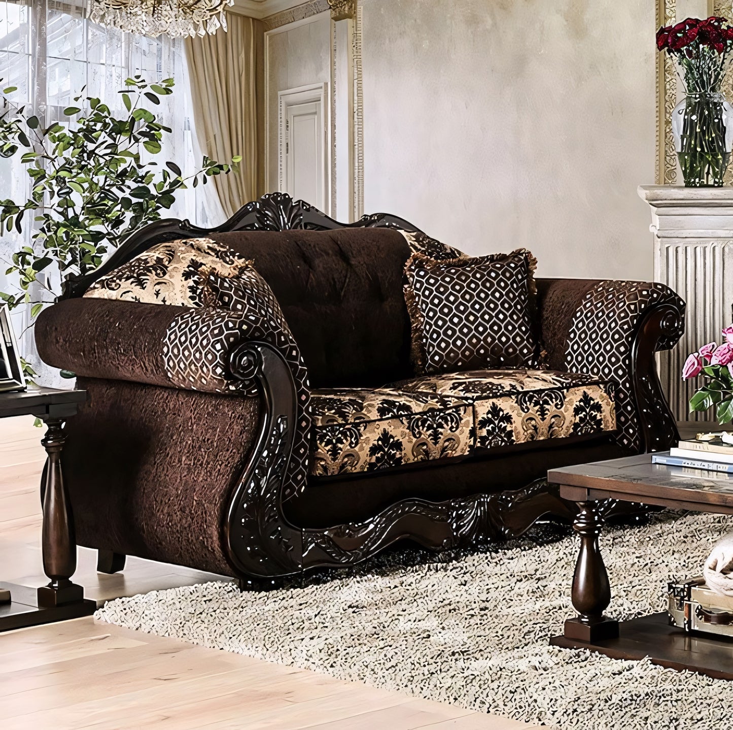 Ronja Traditional Sofa & Loveseat Set in Dark Brown Chenille & Damask Fabric