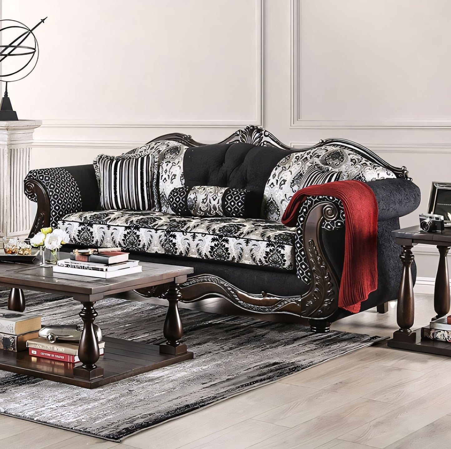 Ronja Traditional Sofa in Black Chenille & Damask Fabric