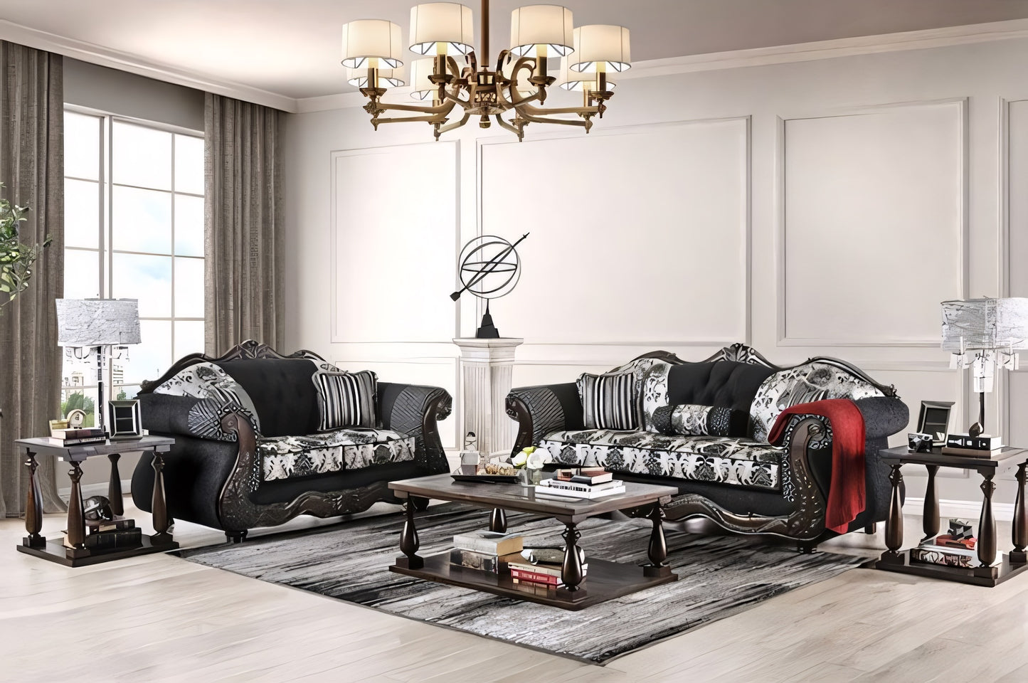 Ronja Traditional Sofa in Black Chenille & Damask Fabric