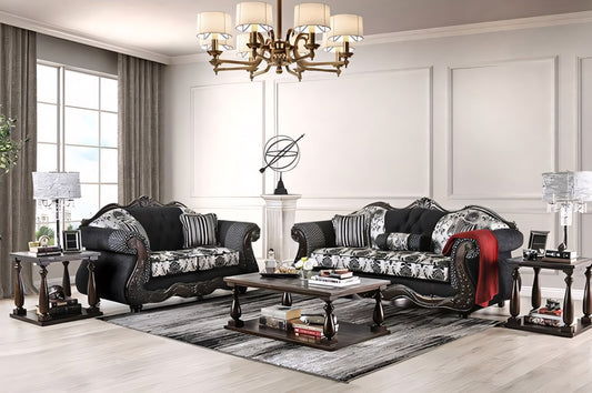 Ronja Traditional Sofa & Loveseat Set in Black Chenille & Damask Fabric