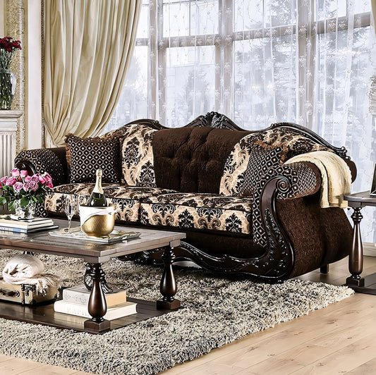 Ronja Traditional Sofa & Loveseat Set in Dark Brown Chenille & Damask Fabric