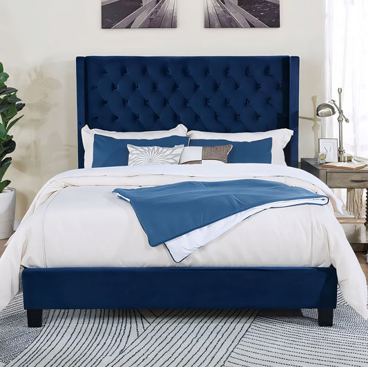 Ryleigh King Button Tufted Wingback Bed in Navy Blue